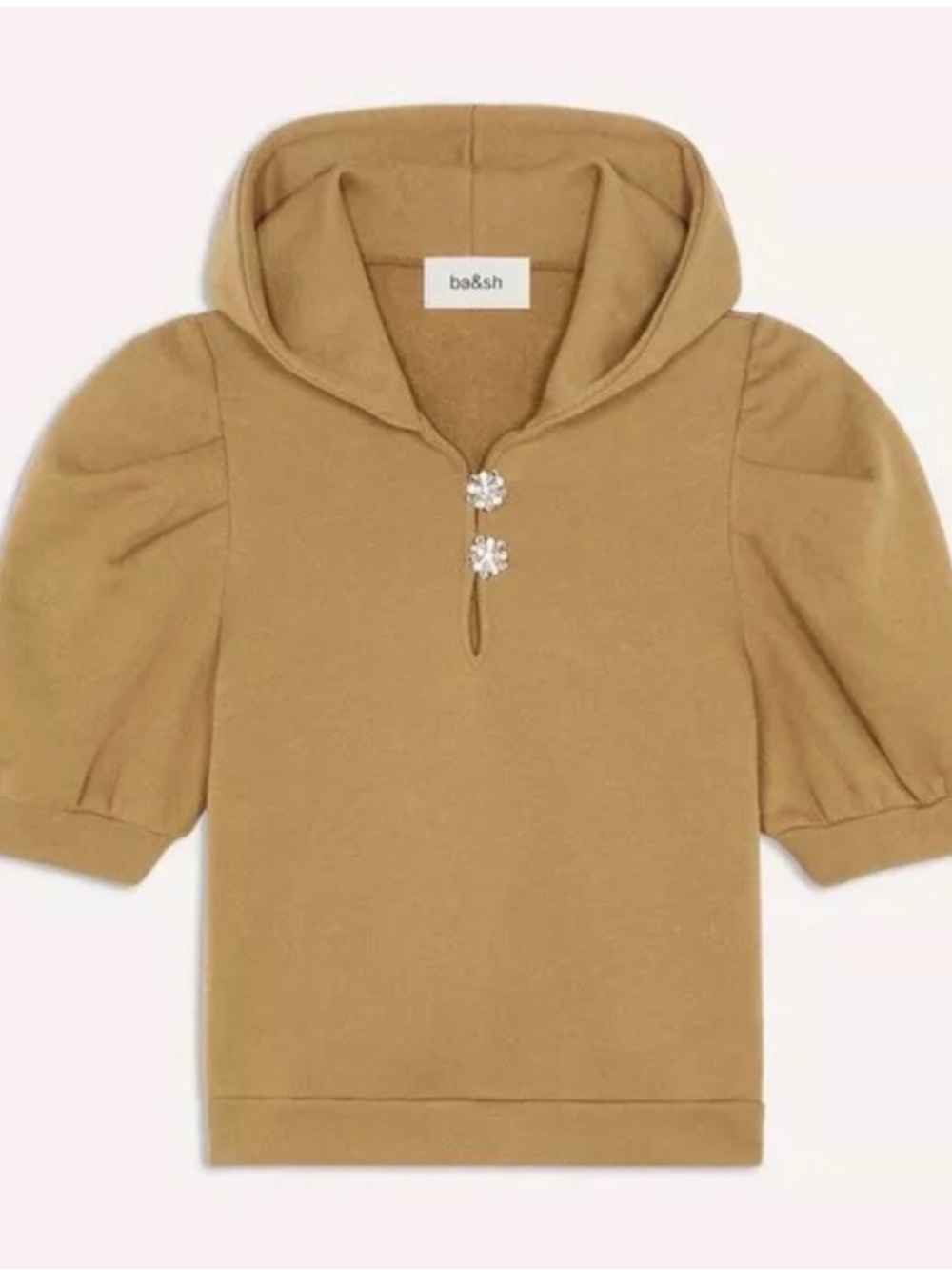 ba&sh Camel Short Sleeve Hooded Top with Crystal Buttons, NEW NEVER WORN